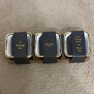 Rebrilliant Gold Rimmed Serving Bowl Trio with Wooden Tray